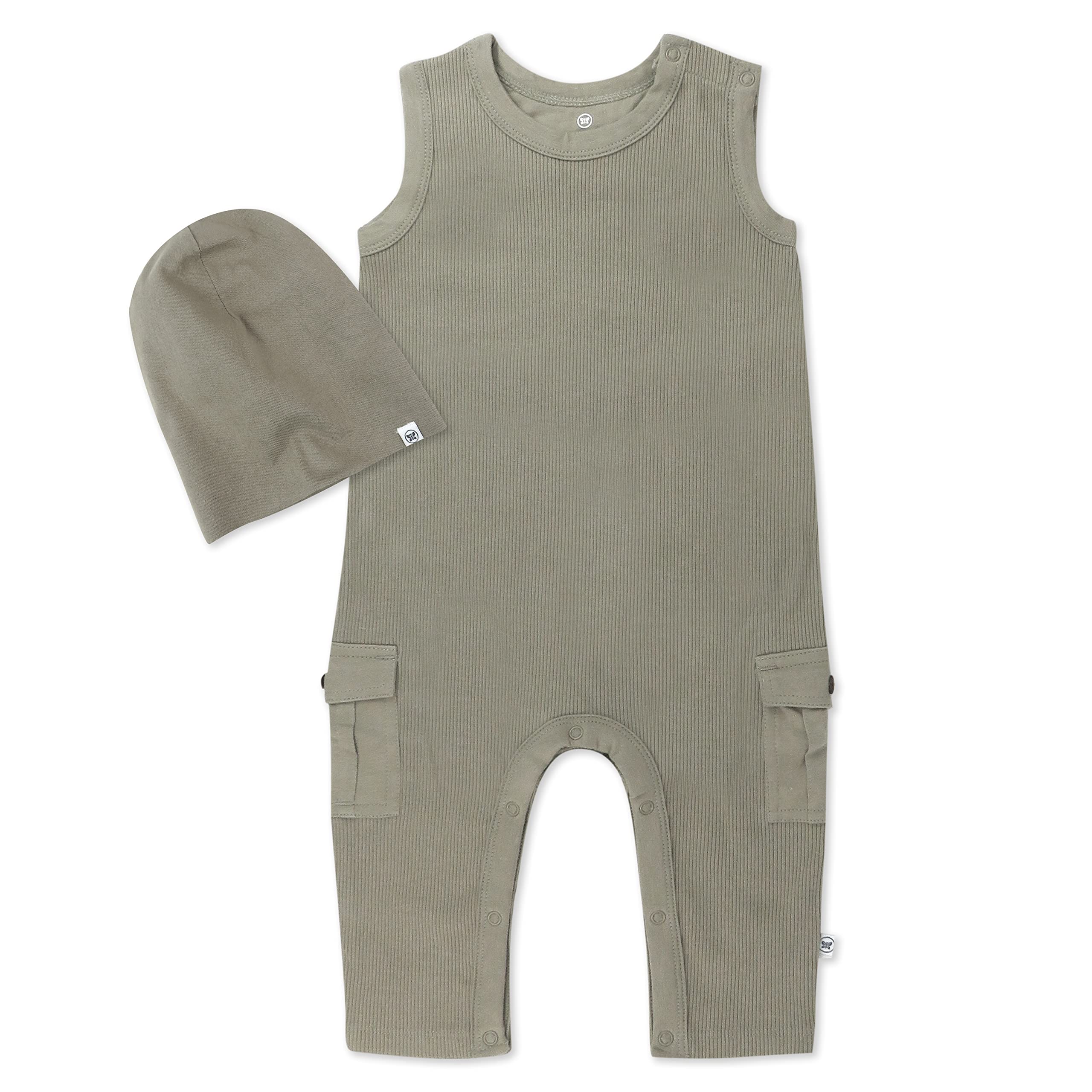 HonestBaby 2-Piece Organic Cotton Sleeveless Coverall and Beanie set, Khaki, 12 Months