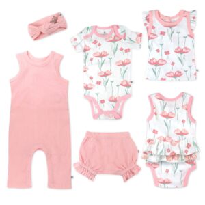 honestbaby multipack gift bundle sets mix match outfits 100% organic cotton for newborn infant baby boys, girls, unisex, 6-piece strawberry pink floral, preemie