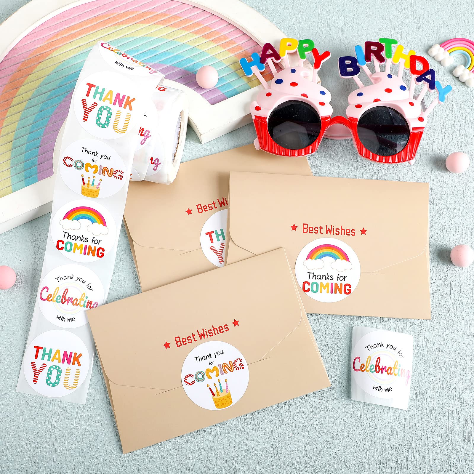 360 Pcs Thank You Labels Cute Art Stickers Rainbow Birthday Stickers Thank You for Coming Labels for Packaging Birthday Baby Shower Party