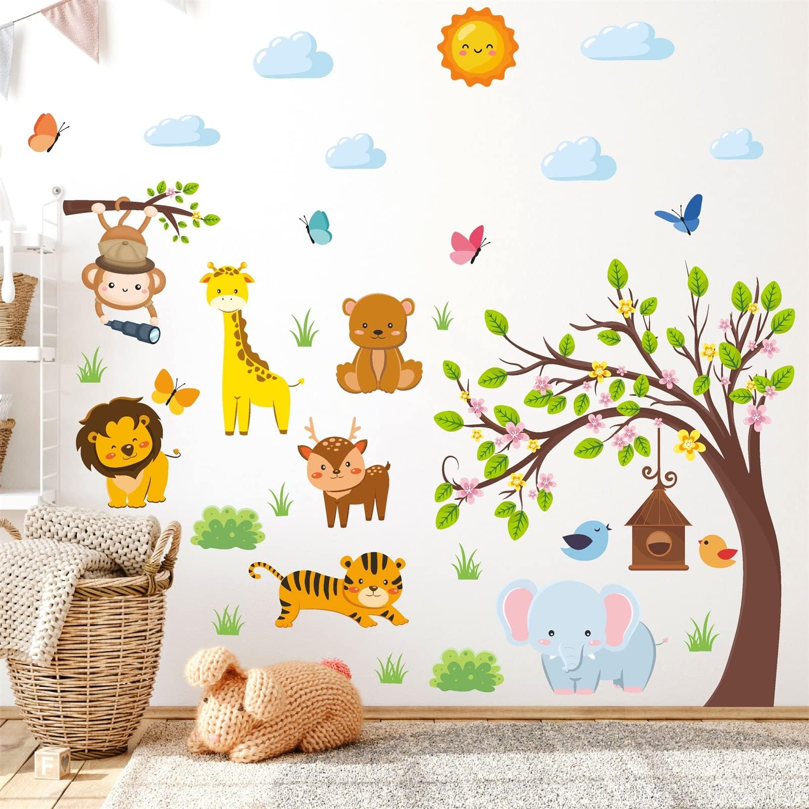 Jungle Animal Wall Decals Cartoon Tree Animal Wall Stickers Forest Animal Wall Decals Peel and Stick Elephant Woodland Animal Wall Decal for Girl Boy Room Kids Baby Room Nursery Playroom Bedroom Decor