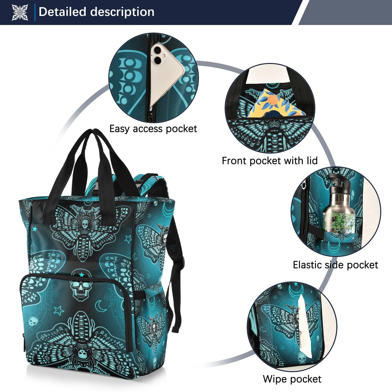 MNSRUU Diaper Bag Butterfly Skull Boho Diaper Bag Backpack Multifunction Travel Diaper Bag Tote Large Capacity Diaper Changing Backpacks for Moms Dads