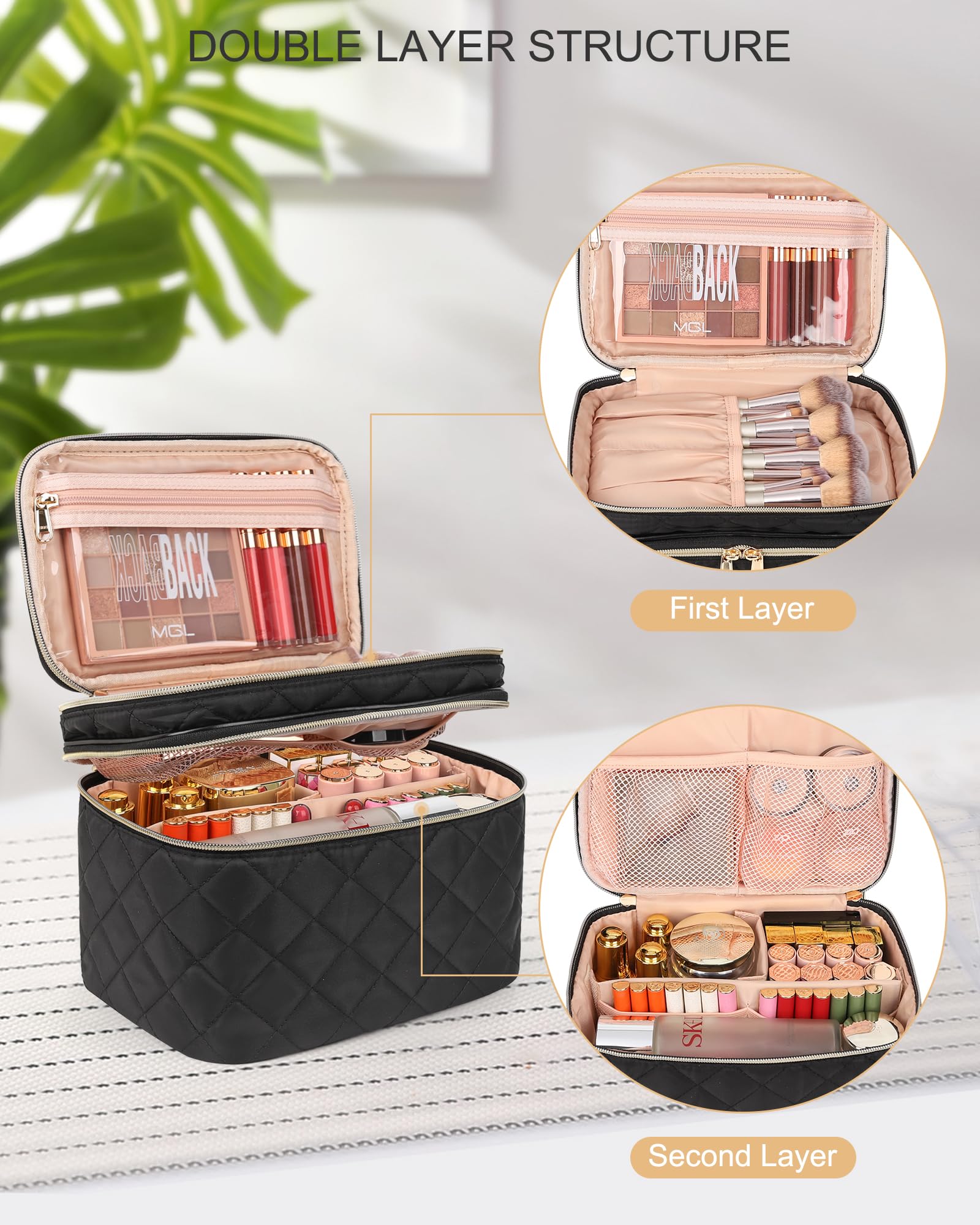 Travel Makeup Bag Organizer, Large Make Up Bag for Women, Double Layer Cosmetic Bag with Removable Dividers, Portable Makeup Case Storage, Black