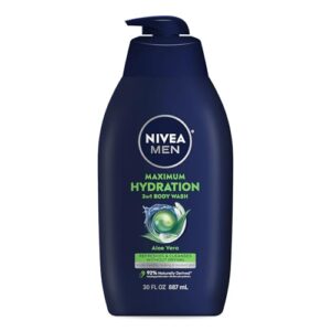 nivea men maximum hydration body wash, aloe vera body wash for dry skin, 30 fl oz pump bottle