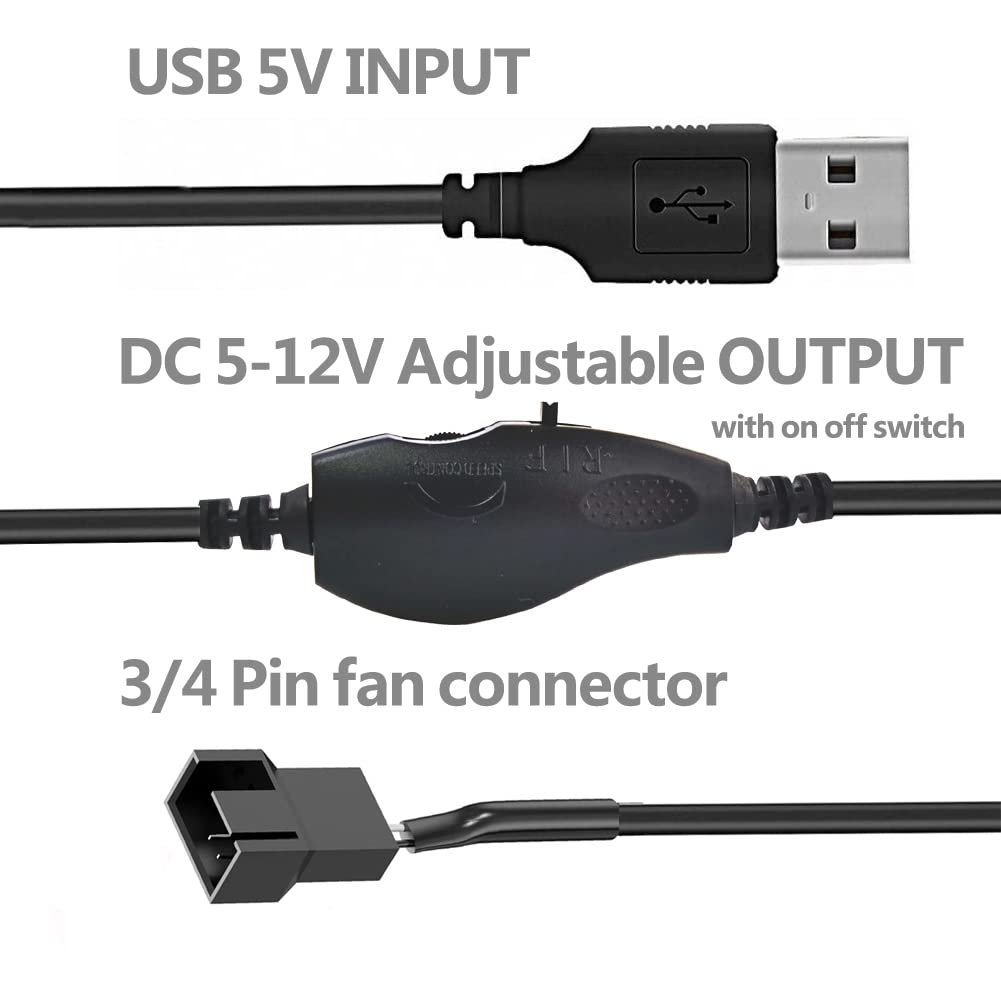 Delinx 12V Fan Speed Controller, Fan Power Adapter,USB 5V Step UP Boost to DC 12V Adapter, 5-12V Adjustable, with 3/4 Pin Fan Connector Cable, 4.8ft Length