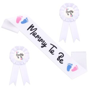 mommy to be sash for baby shower with mommy and daddy to be tinplate badge pins with red & blue foot prints for gender reveal party favors (3pcs)