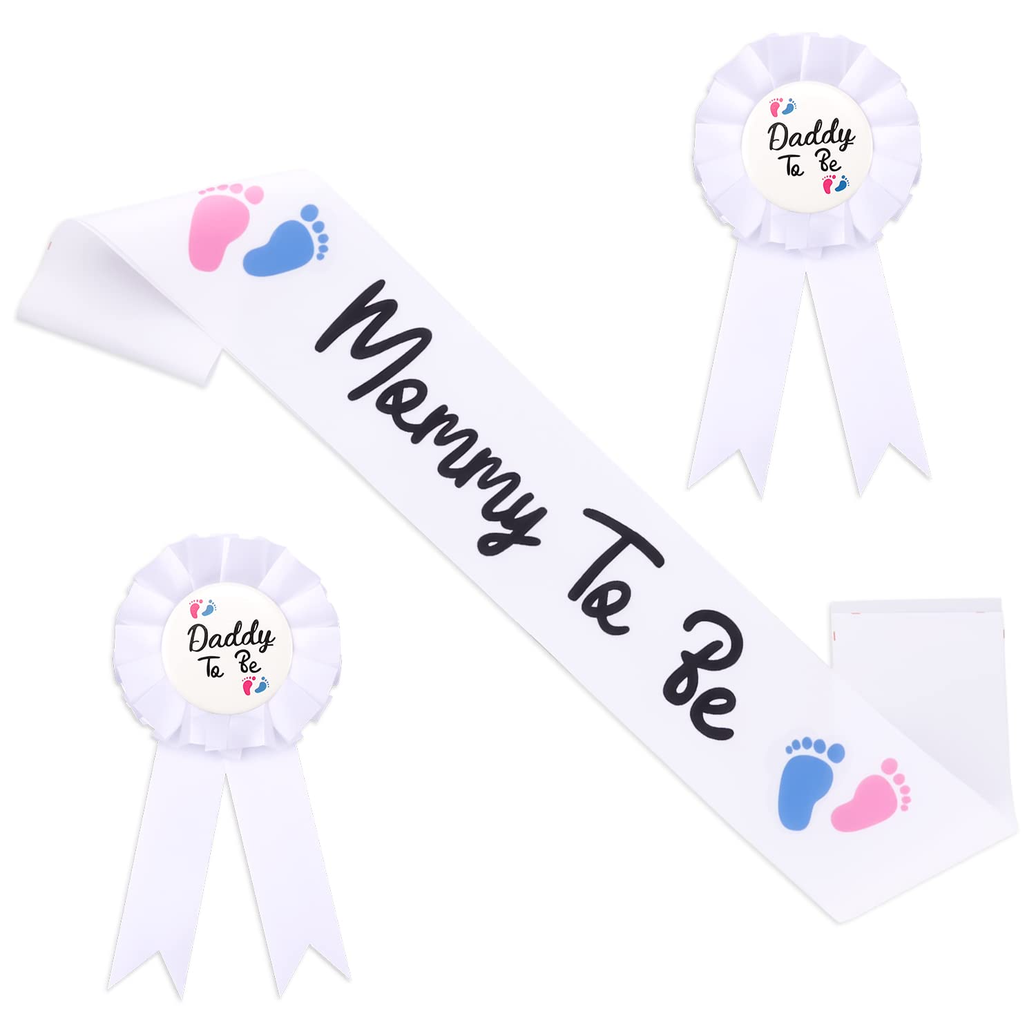 Mommy to Be Sash for Baby Shower with Mommy and Daddy to Be Tinplate Badge Pins with Red & Blue Foot Prints for Gender Reveal Party Favors (3Pcs)