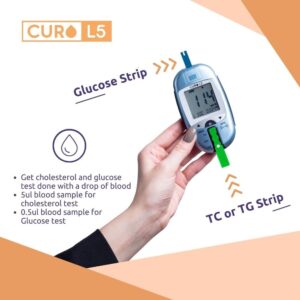 All in One CURO Home Blood Cholesterol Test Kit (L5 Device + 10 Total Cholesterol Strips + 10 Triglycerides Strips + 50 Glucose Strips Included)