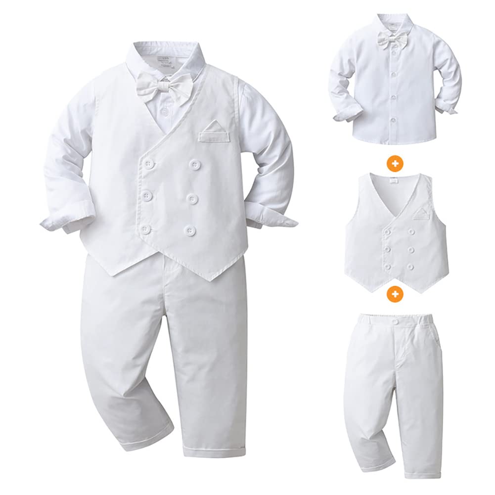 Christening Baptism Outfits for Boys Infant Christmas Outfit Toddler Dress Clothes Wedding Tuxedo Shirts Waistcoat Long Pants Kids Gentlemen Suits Easter Holiday 1st Birthday All White 4-5T