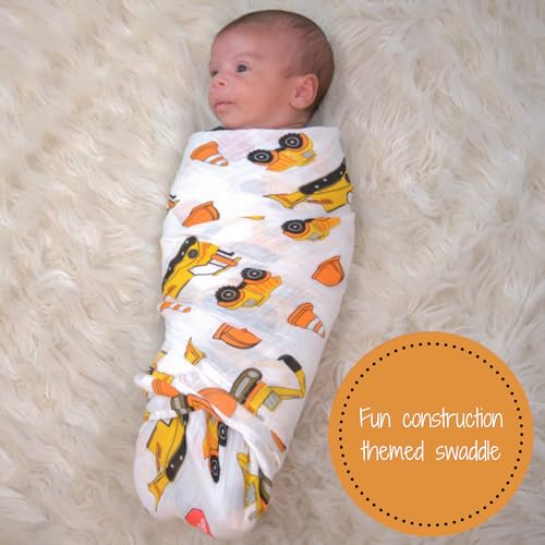 LollyBanks Muslin Swaddle Blanket | 100% Cotton | Newborn and Infant Blanket | Large 47 x 47 inches for Boys | Light Weight and Breathable | Fun Construction Theme