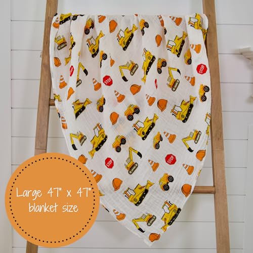 LollyBanks Muslin Swaddle Blanket | 100% Cotton | Newborn and Infant Blanket | Large 47 x 47 inches for Boys | Light Weight and Breathable | Fun Construction Theme