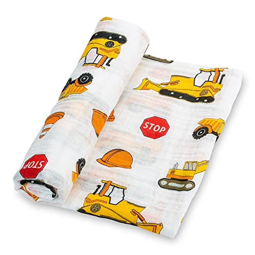 LollyBanks Muslin Swaddle Blanket | 100% Cotton | Newborn and Infant Blanket | Large 47 x 47 inches for Boys | Light Weight and Breathable | Fun Construction Theme