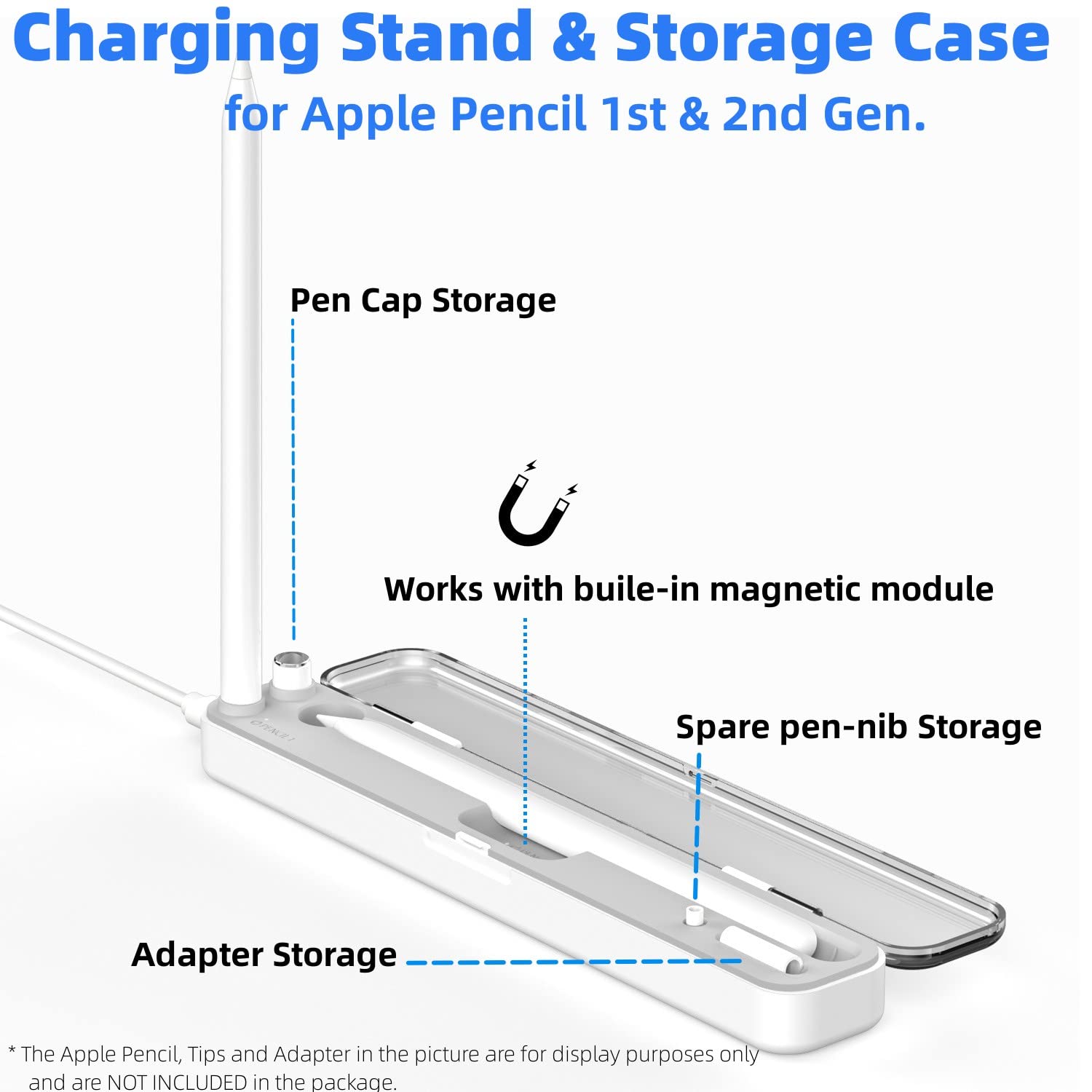 BRIMFORD 2 in 1 Charging Case Compatible with Apple Pencil 2nd & 1st, Magnetic Wireless Charger Dock for Apple Pencil with Adapter Storage Slots, Protective Case for iPad Pencil (Without Battery)