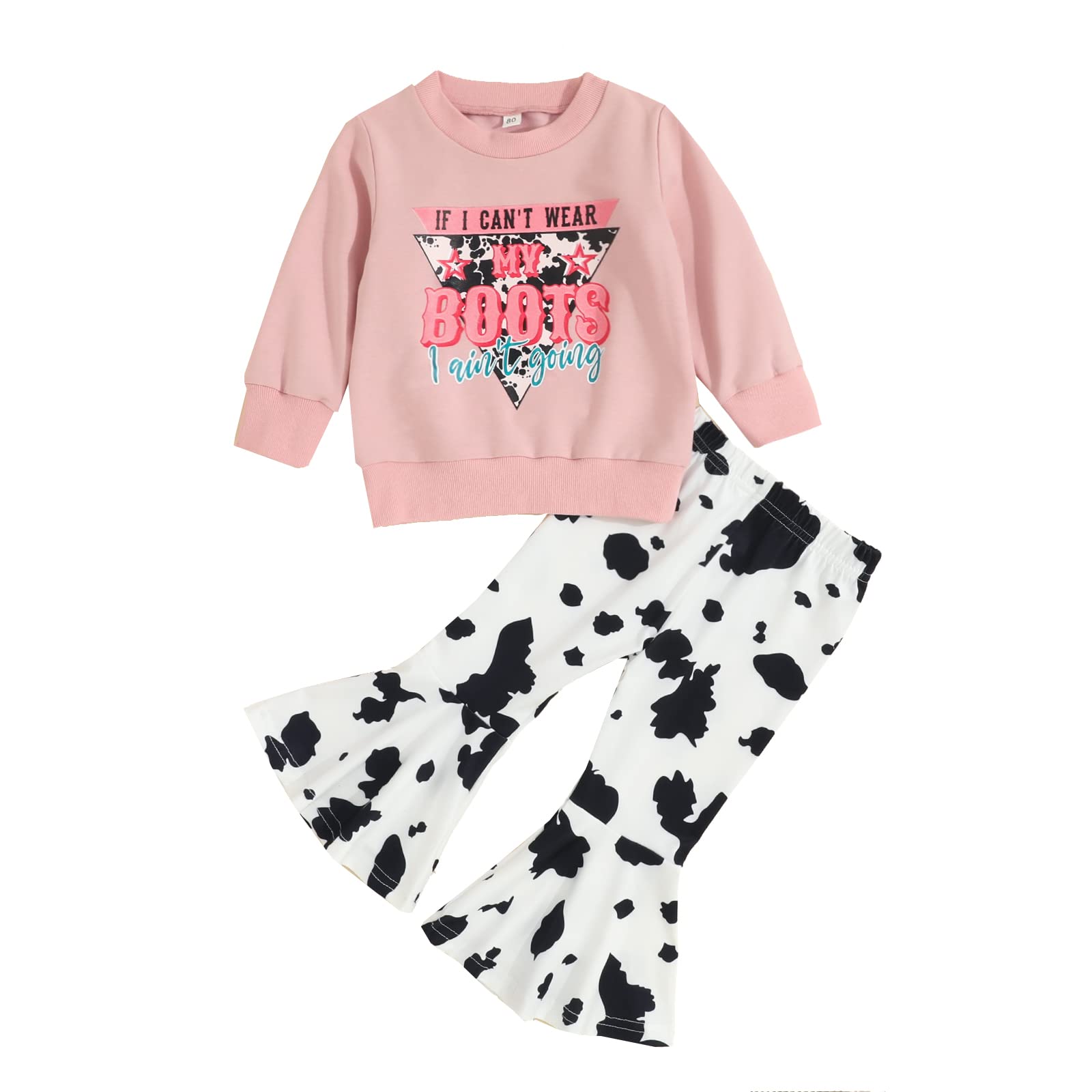 Hnyenmcko Toddler Western Baby Girl Clothes Bell Bottom Outfits Long Sleeve Cowgirl Sweatshirt + Cow Print Pants Fall Outfit (A-Pink, 2-3 Years)