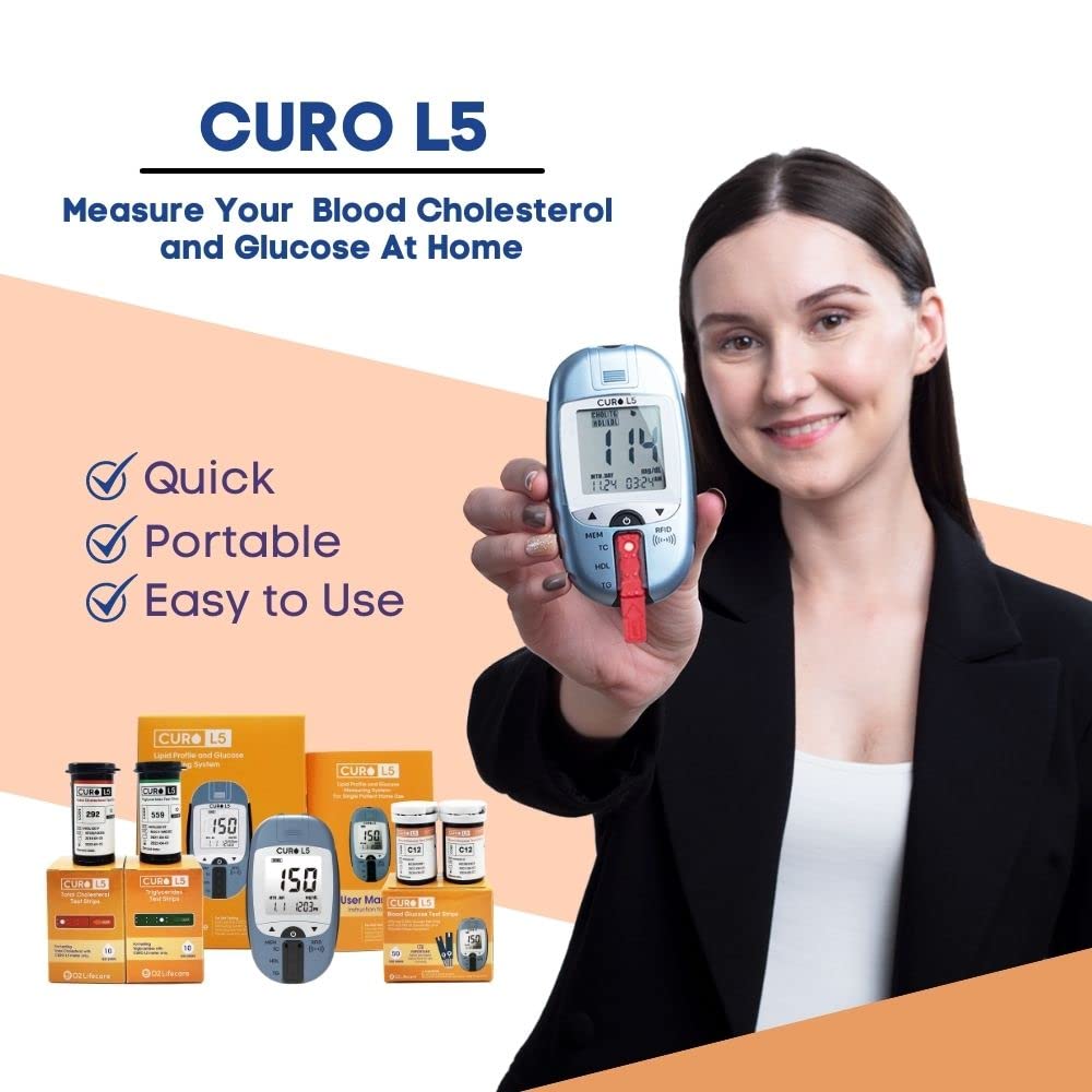 All in One CURO Home Blood Cholesterol Test Kit (L5 Device + 10 Total Cholesterol Strips + 10 Triglycerides Strips + 50 Glucose Strips Included)