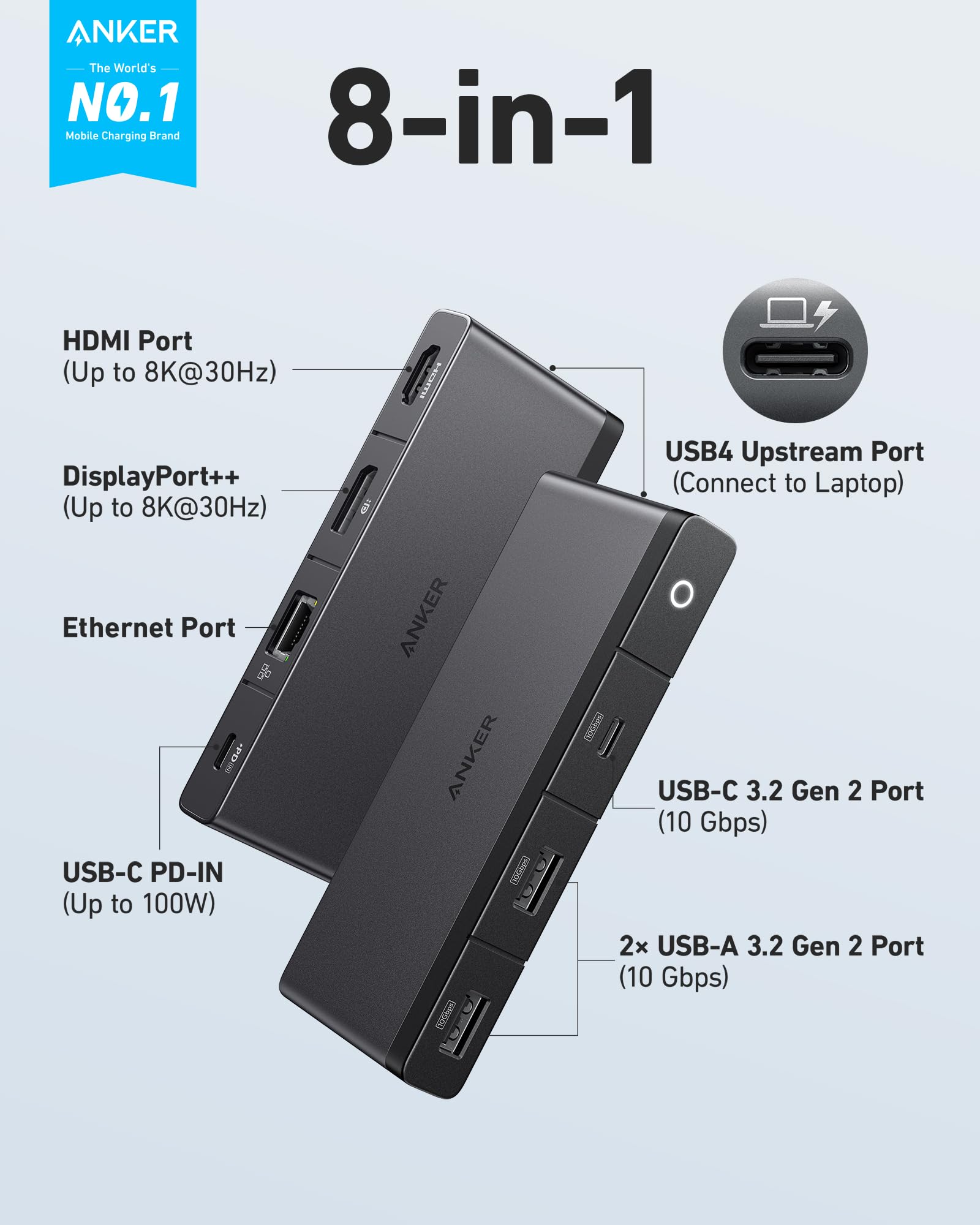 Anker 556 USB-C Hub (USB4, 8-in-1) with 1.6ft USB4 Cable, 10 Gbps USB-C and USB-A Data Ports, 8K HDMI and DisplayPort, for Microsoft Surface Pro 8, HP EliteBook 850 G8, and More (Black)