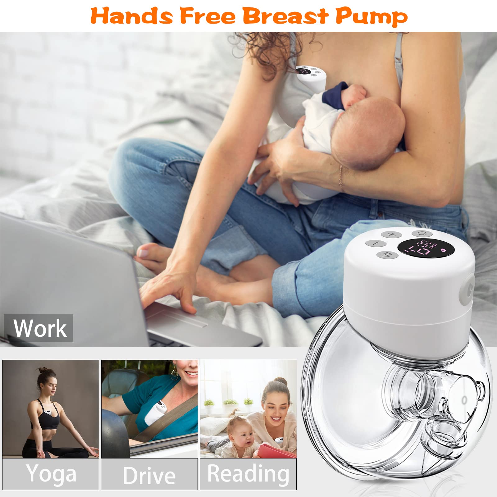 Wearable Breast Pump,Portable Hands Free Breast Pump with LCD Display, 2 Modes & 9 Levels of Suction, Memory Function, Handsfree & Painless,24mm Flange (White-Single)