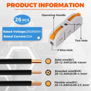 JOMERON 26 PCS Lever Wire Connectors, 1 to 1 Inline Electrical Lever Wire Connectors kit for Quick Connect, pushin Compact Splicing Lever Wire Connectors, Butt Terminals for Wiring 28-12 AWG