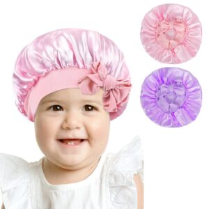 arqumi pack of 2 satin sleeping bonnet for kids, soft satin sleep bonnet with elastic strap, adjustable sleep cap hair bonnet for children, pink+purple