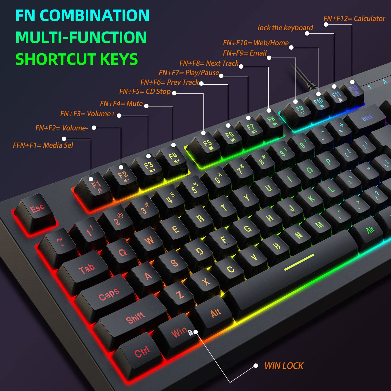 Septpenta Mechanical Gaming Keyboard, RGB 87 Keys Ultra Slim LED Backlit Wired Keyboard, Dual Color Injection Keycaps, Ergonomic Keyboard, Compatible with Win7, Android, OS, Etc