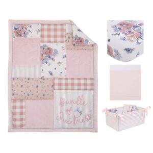 NoJo Farmhouse Chic Pink Gingham, and Velvet 'Bundle of Sweetness' 4 Piece Nursery Crib Bedding Set - Comforter, 100% Cotton Fitted Crib Sheet, Crib Skirt, and Storage