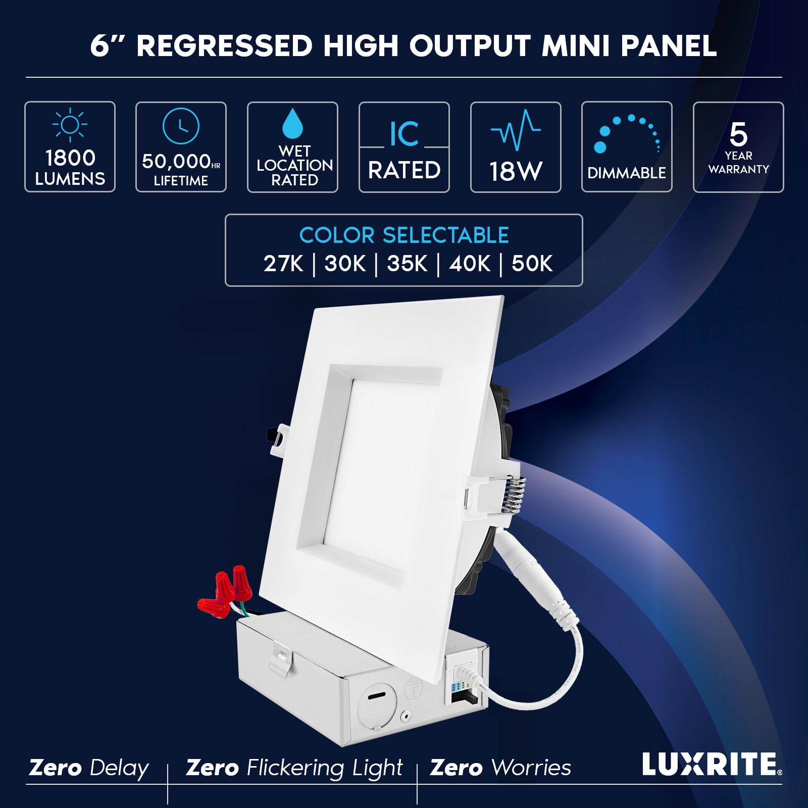 LUXRITE 6 Inch Square LED Recessed Ceiling Light with Junction Box, 18W, 5CCT Selectable 2700K/3000K/3500K/4000K/5000K, 1800LM High Brightness, Dimmable Canless Downlight, Wet Rated, ETL (6 Pack)