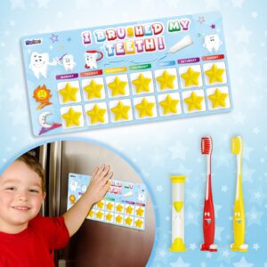 Madzee Toothbrush for Kids with Reward Chart Set, Sand Timer – 2Pcs Soft Bristle Kids Tooth Brush with Magnetic Behavior Chart for Children's Ages 3+