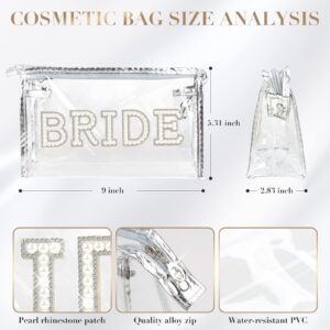 Bride Makeup Bag Bride Gifts Pearl Rhinestone Letter Patch Clear PVC Water-resistant Portable Zipper Cosmetic Toiletry Travel Organizer for Bridal Shower Wedding day Bachelorette Party