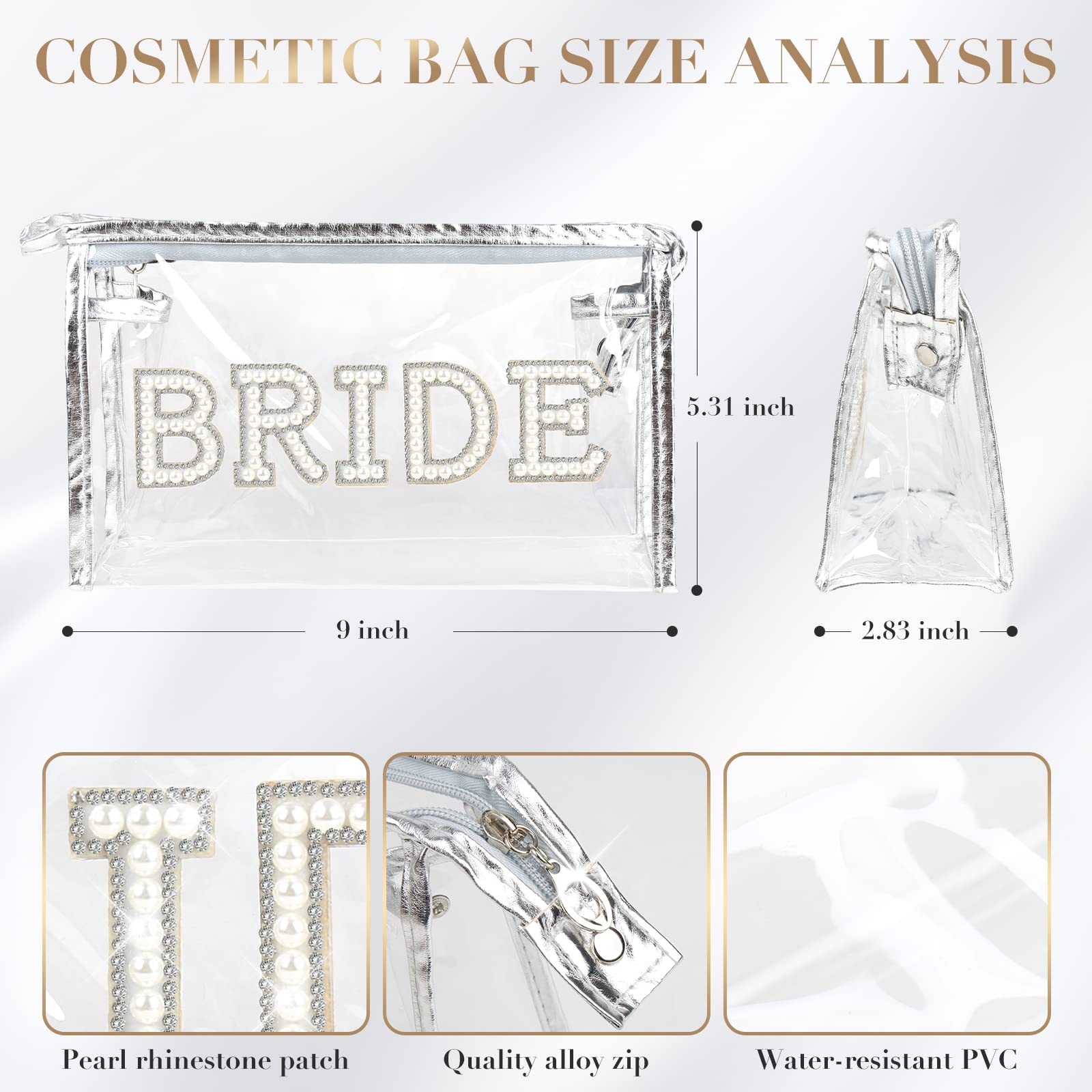 Bride Makeup Bag Bride Gifts Pearl Rhinestone Letter Patch Clear PVC Water-resistant Portable Zipper Cosmetic Toiletry Travel Organizer for Bridal Shower Wedding day Bachelorette Party