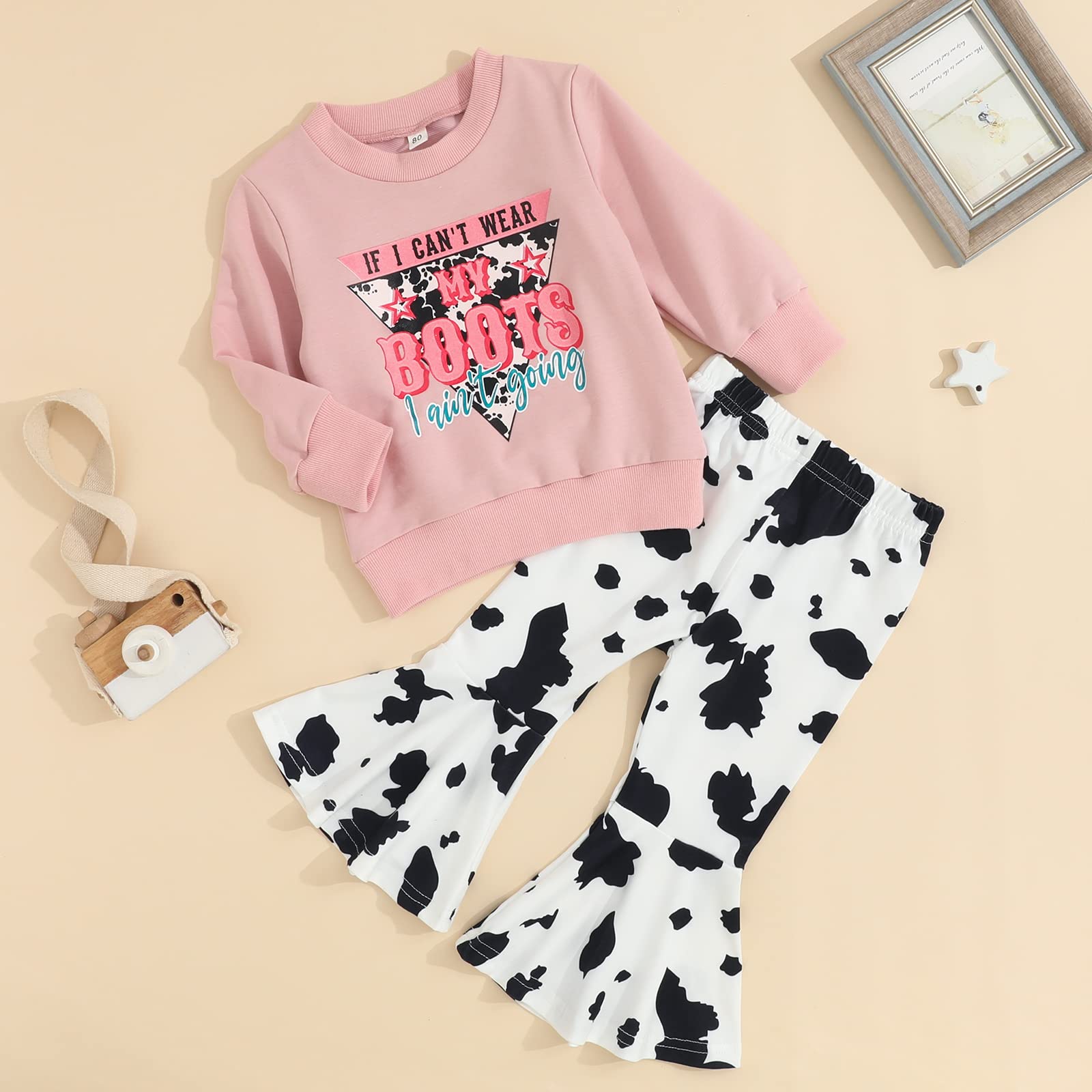 Hnyenmcko Toddler Western Baby Girl Clothes Bell Bottom Outfits Long Sleeve Cowgirl Sweatshirt + Cow Print Pants Fall Outfit (A-Pink, 2-3 Years)