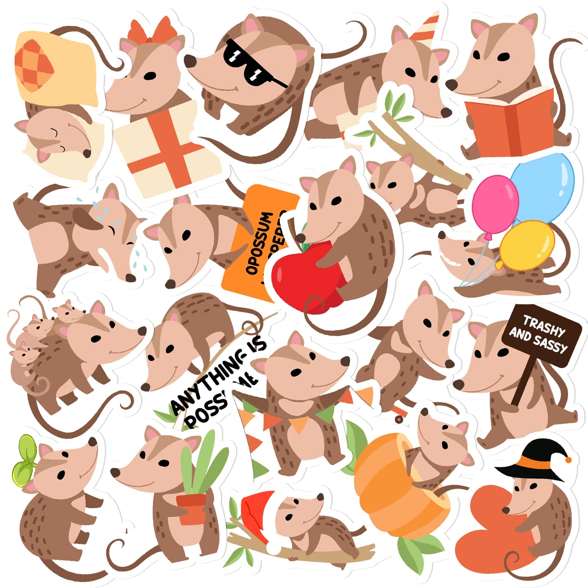 GOLEEX 20 Pack Pcs Waterproof Vinyl Opossum Stickers Funny Animal Cartoon Sticker for Teens Boys Girls Men Women Adults Journaling Scrapbooking Laptop Phone Cars Bottles Decals