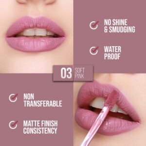 aden Tattoo Matte Lipstick - 7ML - Highly Pigmented - Provides Non-Shinny, Non Smudging and Velvety Finish – Water Proof Made in Italy (03 Soft Pink)