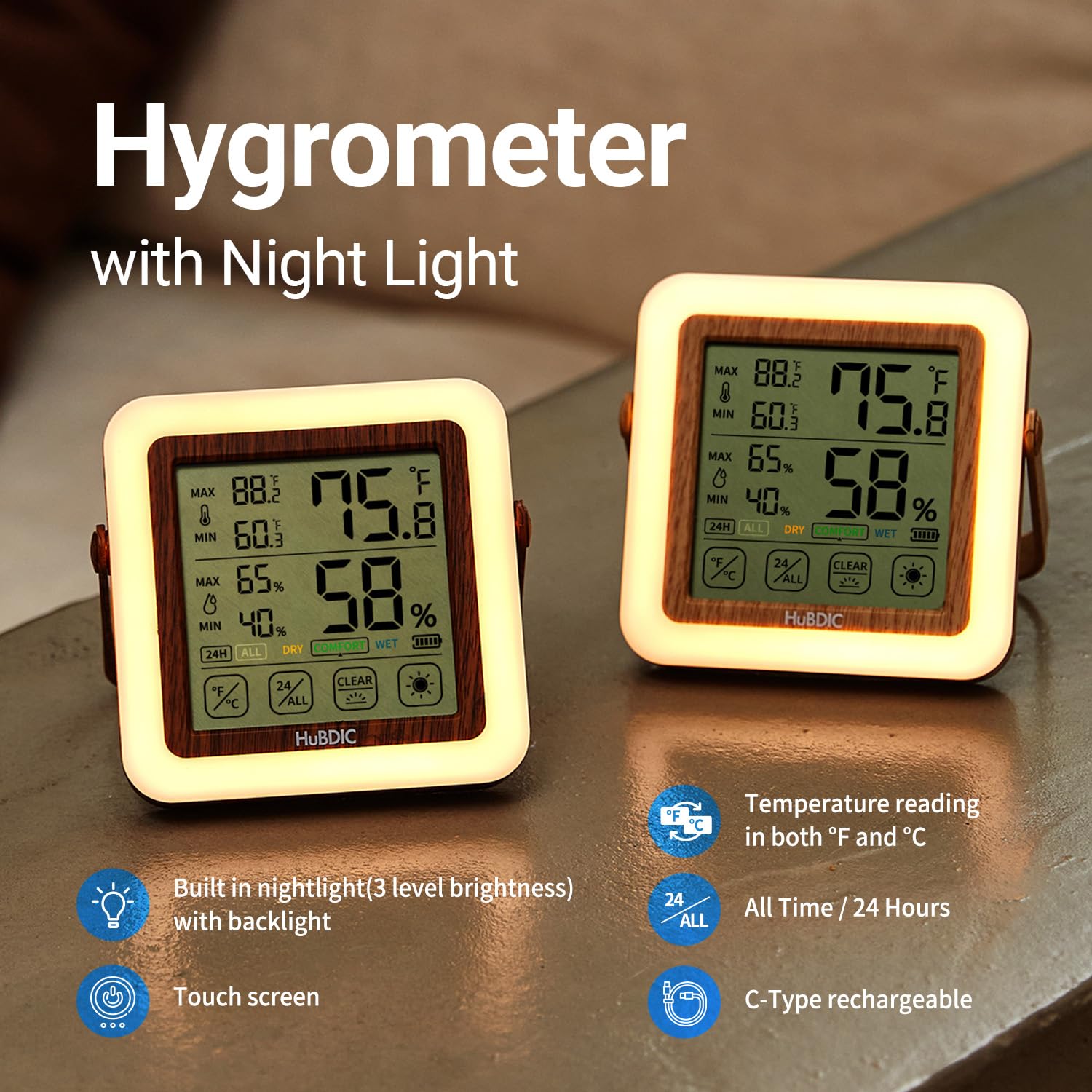 HubiBaby Digital Hygrometer Indoor Thermometer Humidity Meter Room Thermometer, Humidity Monitor for Home, Bedroom, Baby Room, Office, Greenhouse, Cellar, Portable Nightlight (Dark Wood)