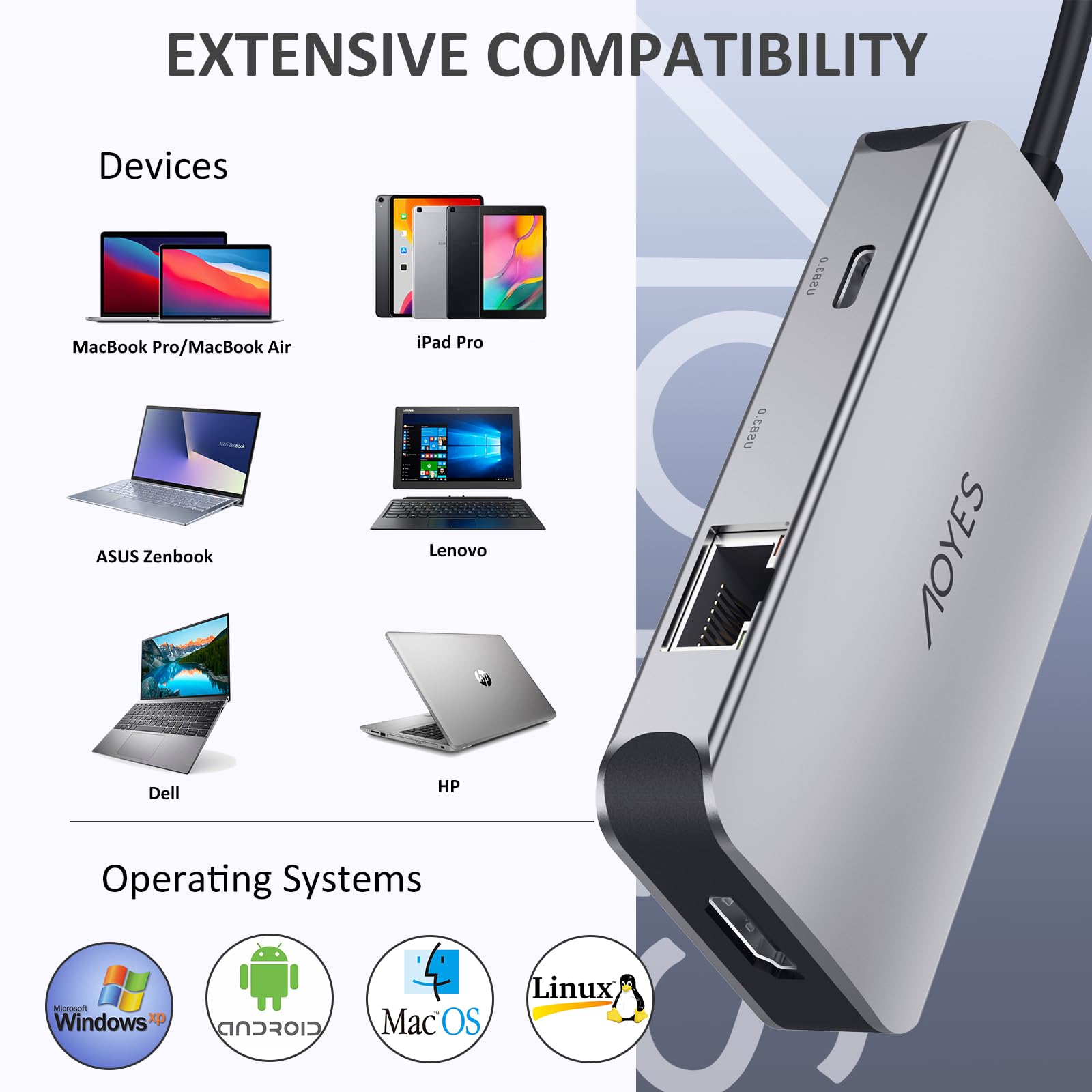 USB C Hub, USB C to HDMI 4K@60Hz Adapter, Aoyes 6-in-1 USB C Dongle, USB Hub with 1000M Ethernet, 100W Power Delivery, 3 USB 3.0 Ports, for MacBook Air, MacBook Pro, Surface Pro, XPS, iPad, and More.