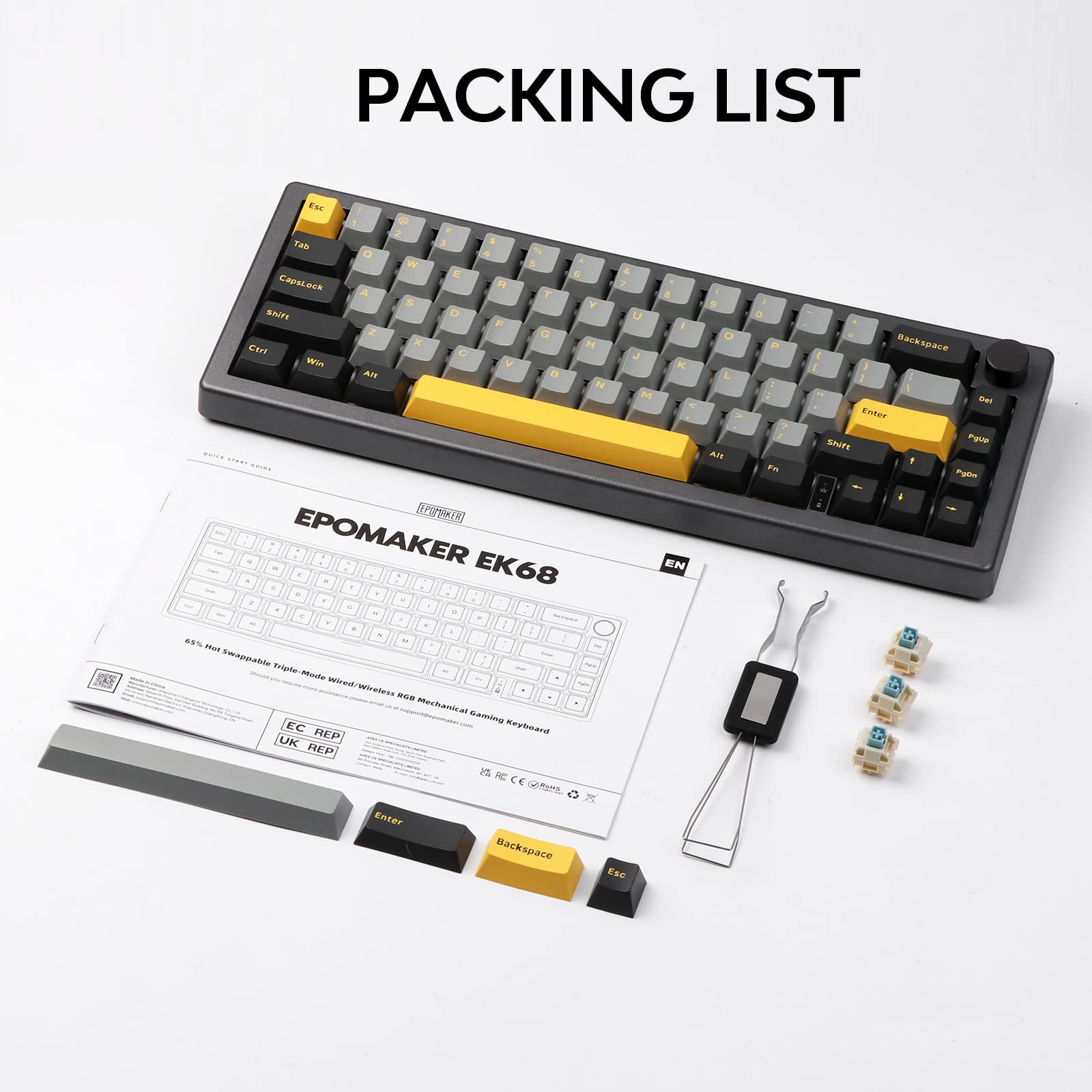 EPOMAKER EK68 65% Wireless Gaming Keyboard, Hot Swappable Gasket Mechanical Keyboard with Metal Knob, Bluetooth 5.0/2.4Ghz Wireless/USB-C Wired Custom Keyboard (Black Gold, Gateron Pro Yellow)