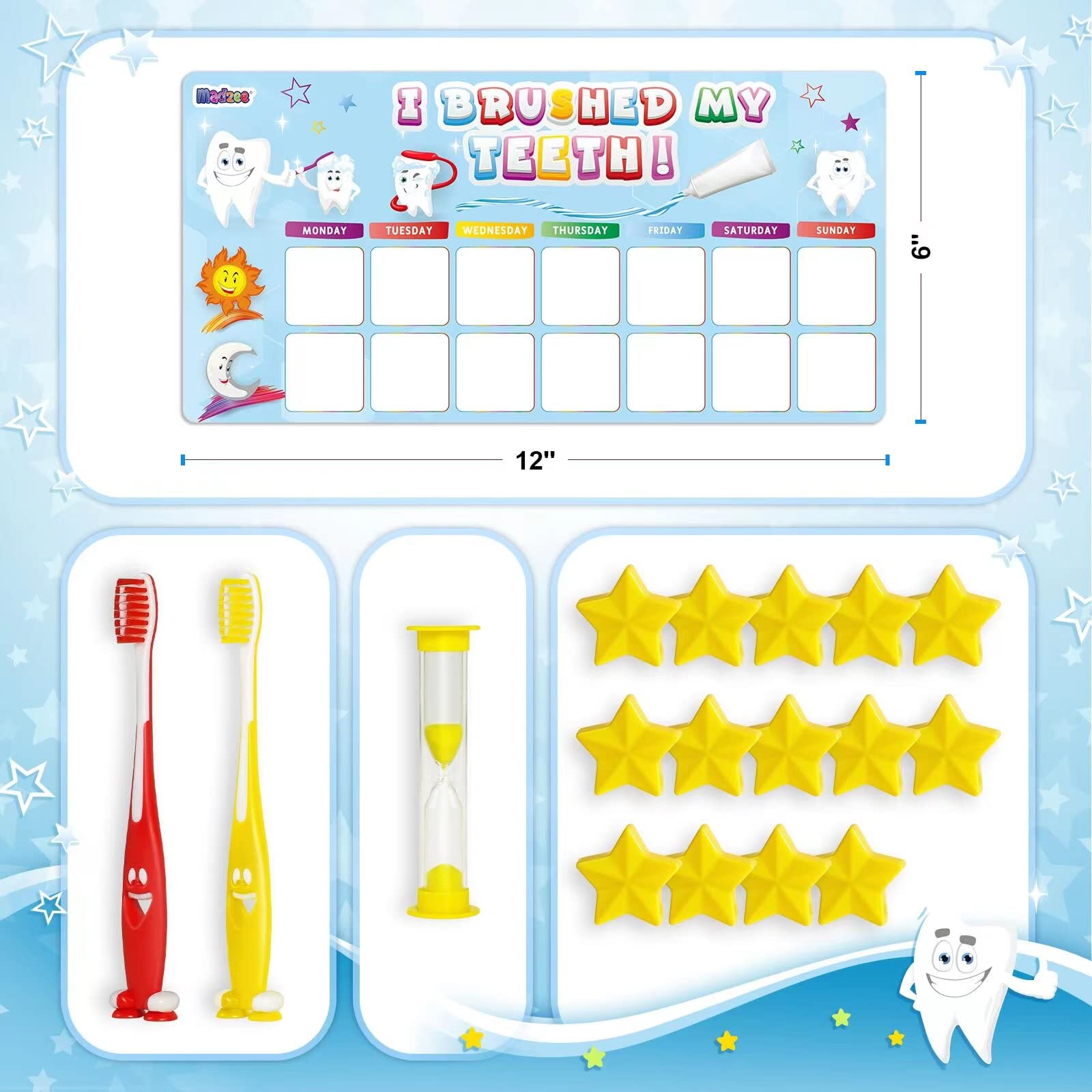 Madzee Toothbrush for Kids with Reward Chart Set, Sand Timer – 2Pcs Soft Bristle Kids Tooth Brush with Magnetic Behavior Chart for Children's Ages 3+