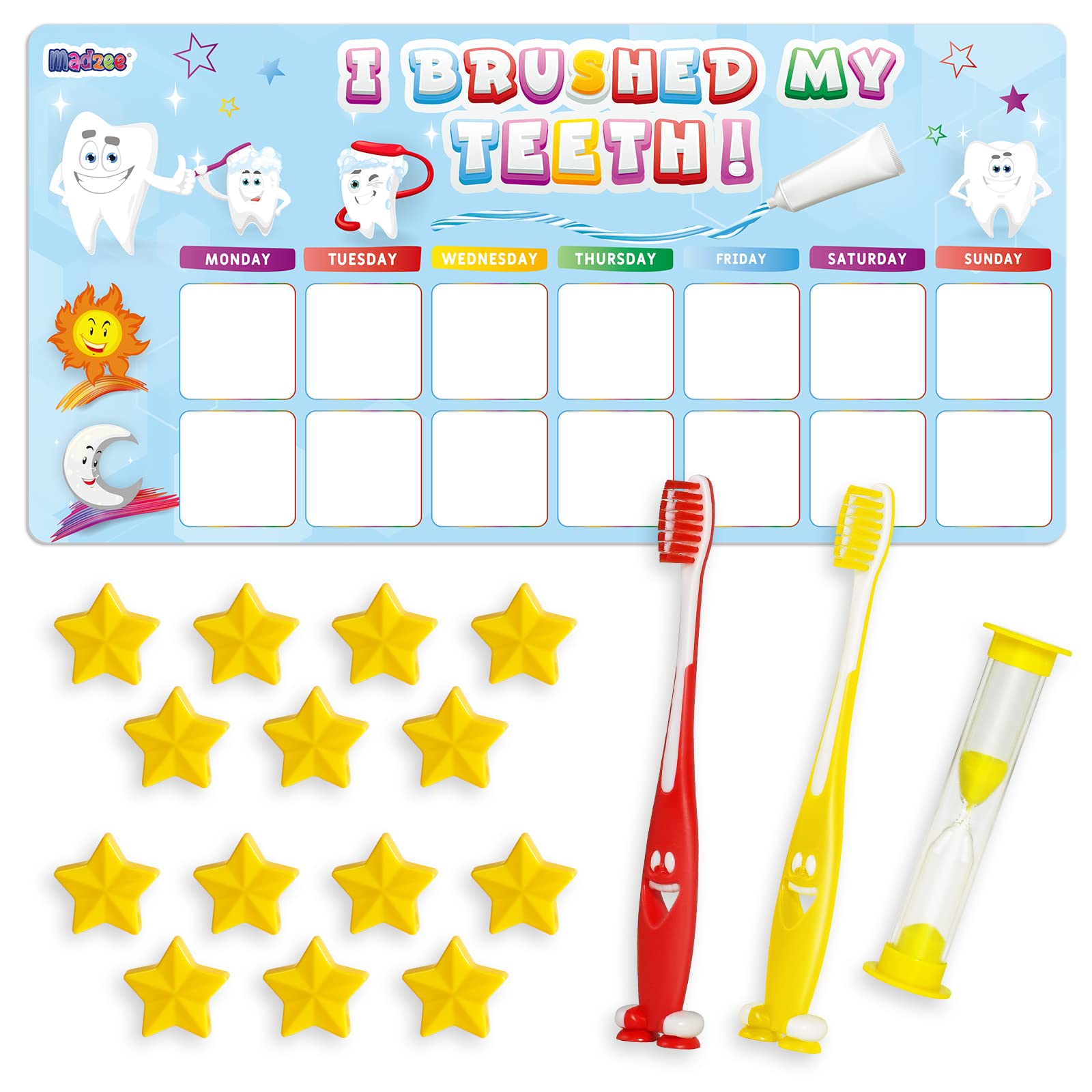 Madzee Toothbrush for Kids with Reward Chart Set, Sand Timer – 2Pcs Soft Bristle Kids Tooth Brush with Magnetic Behavior Chart for Children's Ages 3+