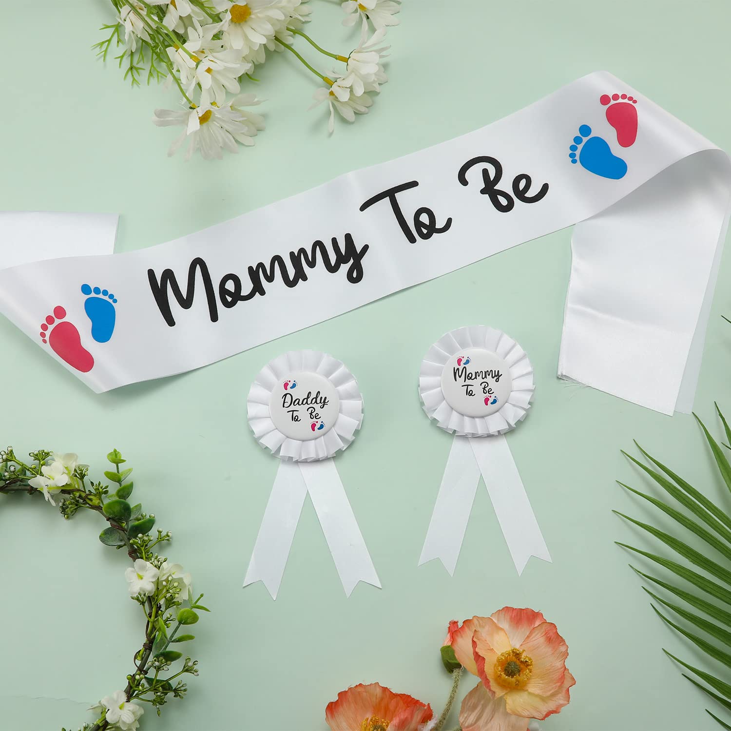 Mommy to Be Sash for Baby Shower with Mommy and Daddy to Be Tinplate Badge Pins with Red & Blue Foot Prints for Gender Reveal Party Favors (3Pcs)