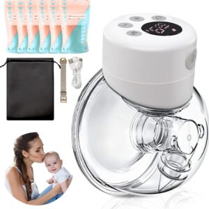 Wearable Breast Pump,Portable Hands Free Breast Pump with LCD Display, 2 Modes & 9 Levels of Suction, Memory Function, Handsfree & Painless,24mm Flange (White-Single)