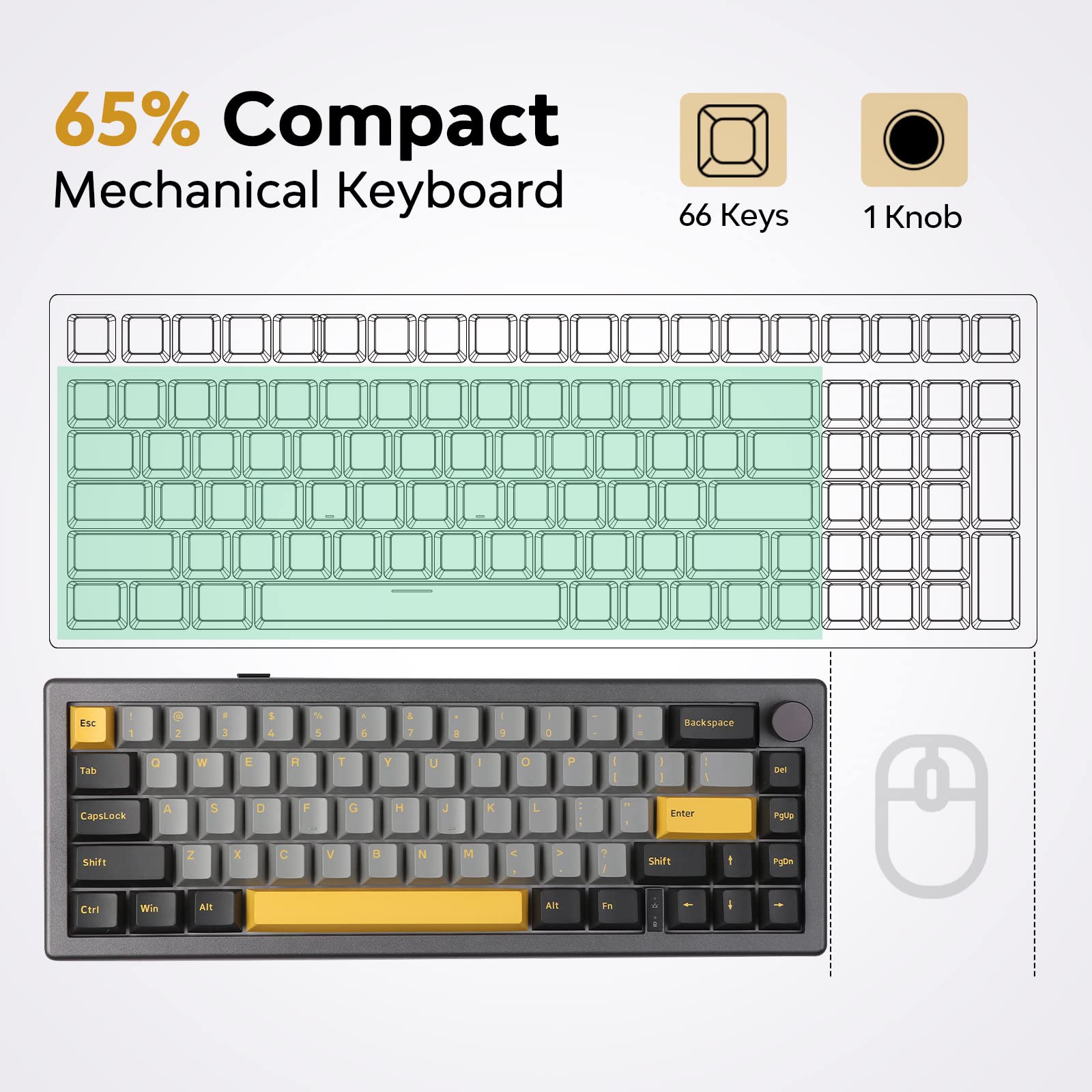 EPOMAKER EK68 65% Wireless Gaming Keyboard, Hot Swappable Gasket Mechanical Keyboard with Metal Knob, Bluetooth 5.0/2.4Ghz Wireless/USB-C Wired Custom Keyboard (Black Gold, Gateron Pro Yellow)