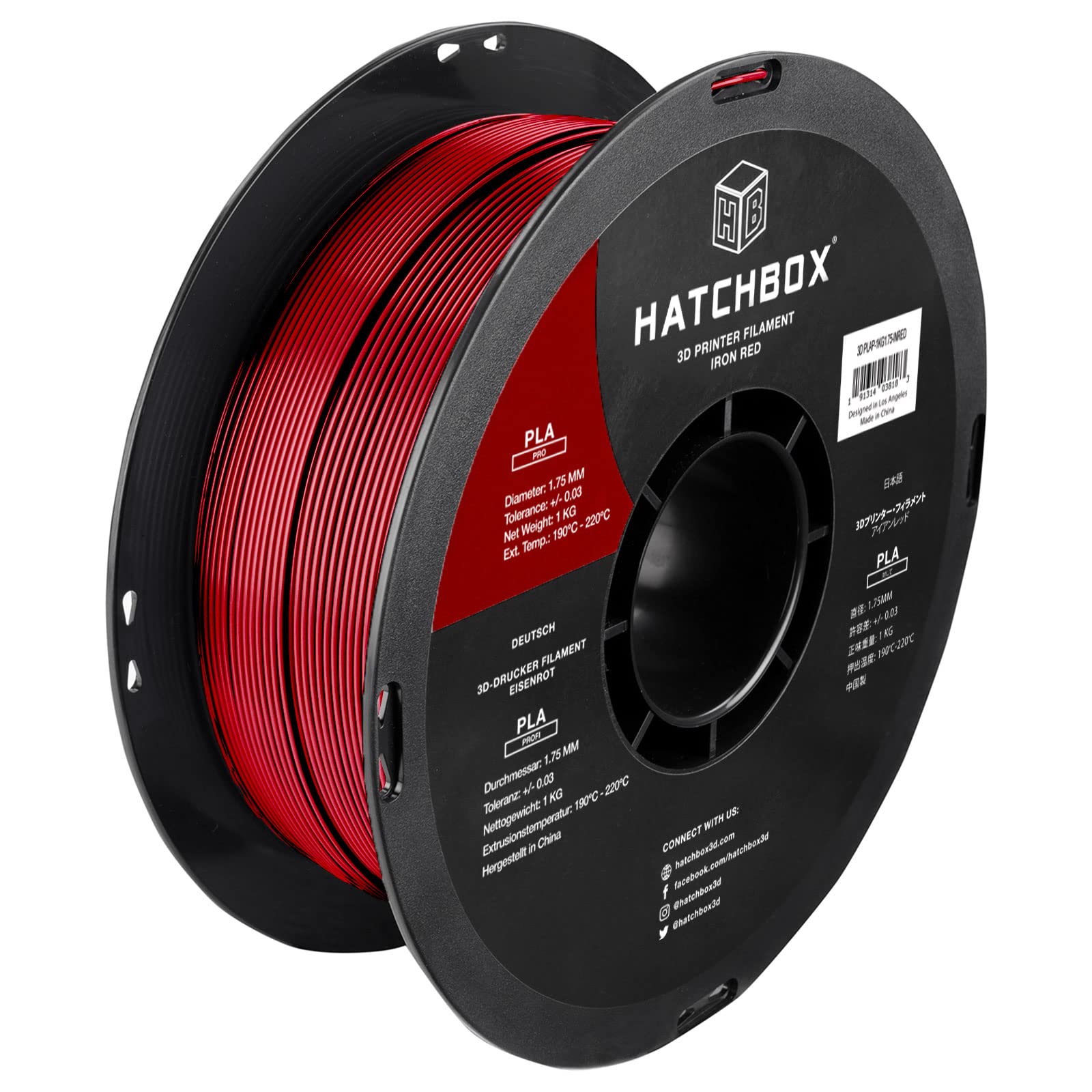 HATCHBOX PLA PRO+ 3D Printer Filament, Dimensional Accuracy +/- 0.03 mm, 1 kg Spool, 1.75 mm, Iron Red