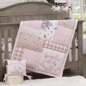 NoJo Farmhouse Chic Pink Gingham, and Velvet 'Bundle of Sweetness' 4 Piece Nursery Crib Bedding Set - Comforter, 100% Cotton Fitted Crib Sheet, Crib Skirt, and Storage