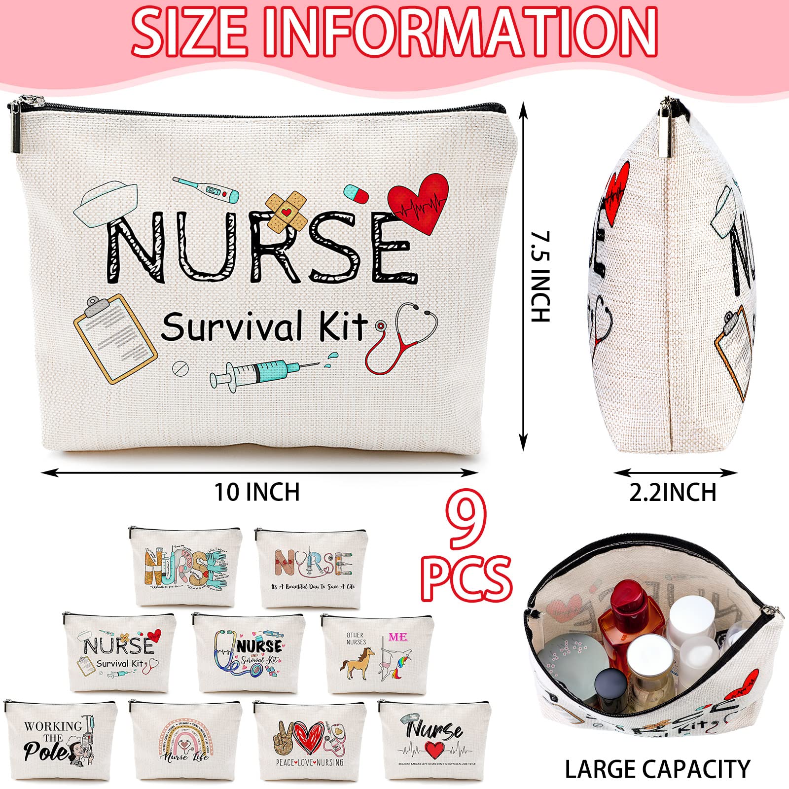 Pinkunn 9 Pieces Nurse Gift Survival Kit Cosmetic Bag Nursing Travel Toiletry Bag for Birthday Gift Funny Nurse Toiletry Makeup Bag for Thank You Women Accessories Work Graduation Christmas