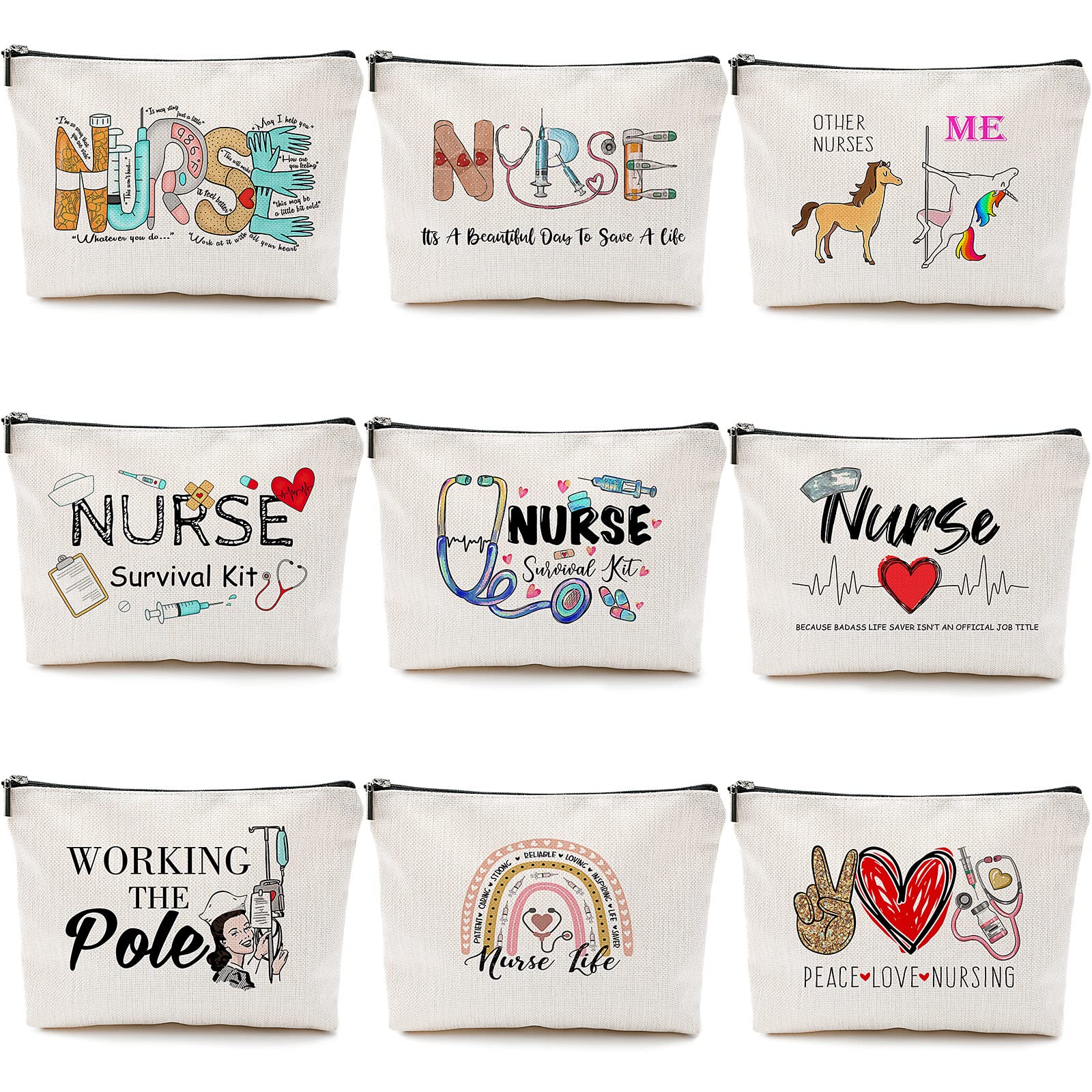 Pinkunn 9 Pieces Nurse Gift Survival Kit Cosmetic Bag Nursing Travel Toiletry Bag for Birthday Gift Funny Nurse Toiletry Makeup Bag for Thank You Women Accessories Work Graduation Christmas