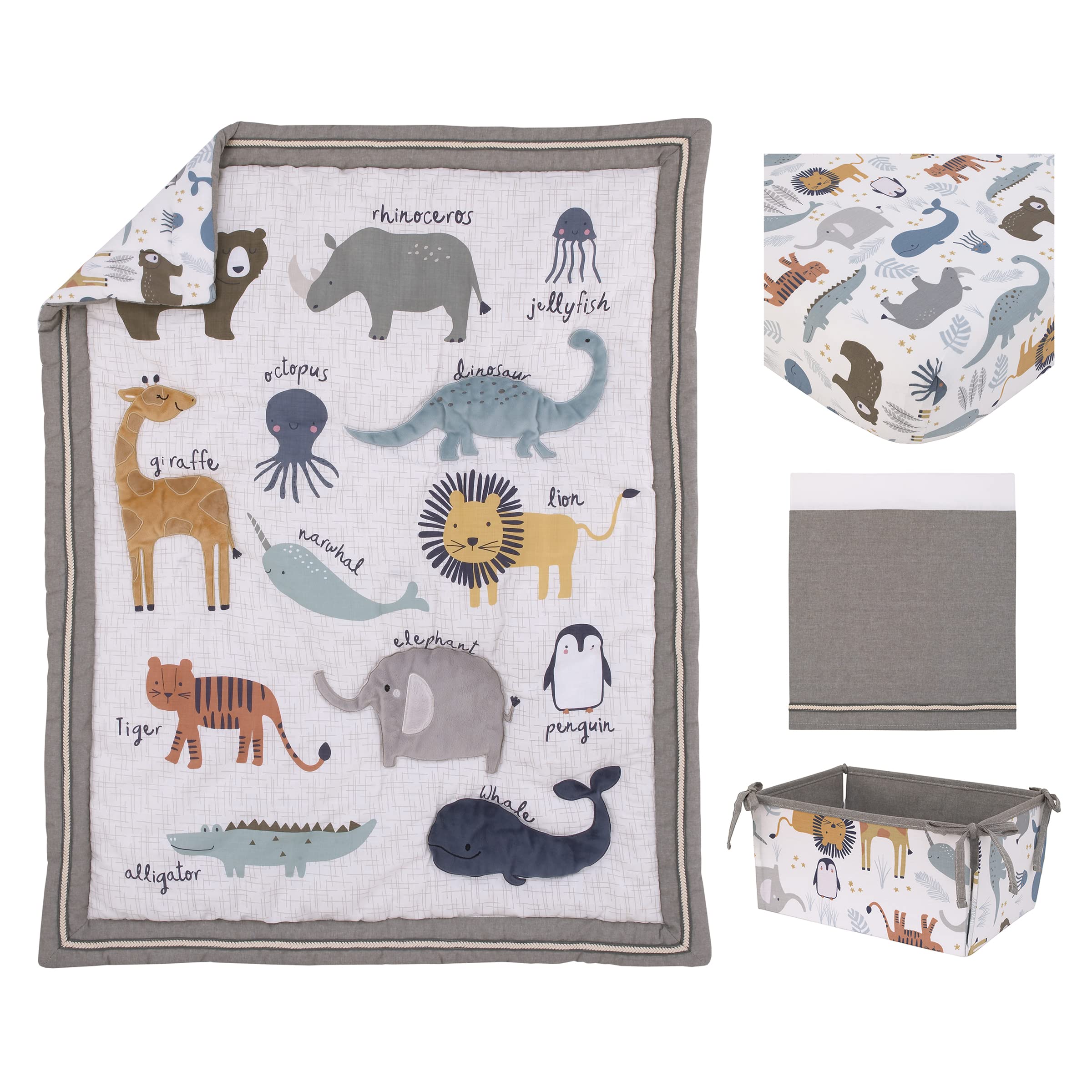 NoJo Zoo Animals White and Gray 4 Pc Crib Bedding Set