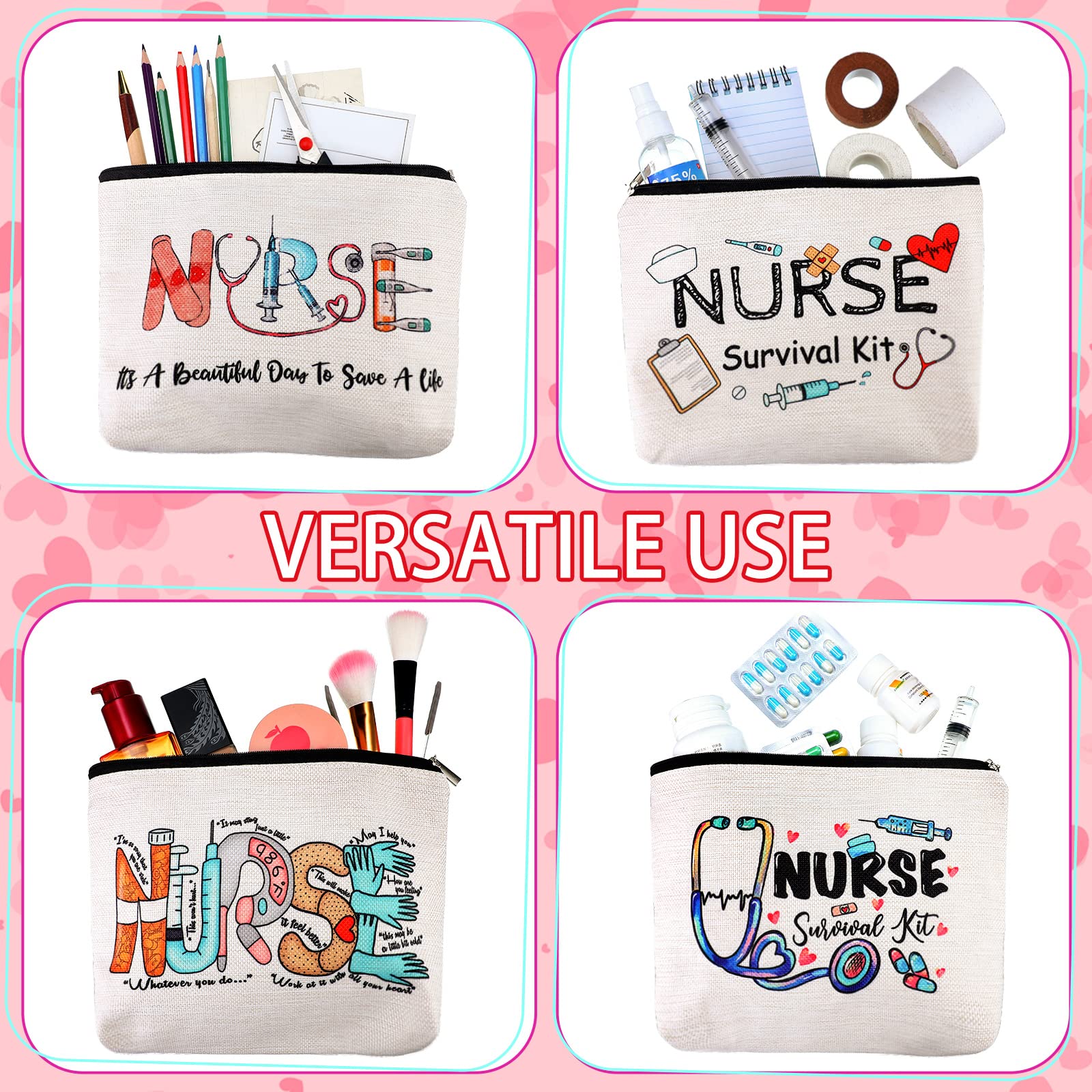 Pinkunn 9 Pieces Nurse Gift Survival Kit Cosmetic Bag Nursing Travel Toiletry Bag for Birthday Gift Funny Nurse Toiletry Makeup Bag for Thank You Women Accessories Work Graduation Christmas