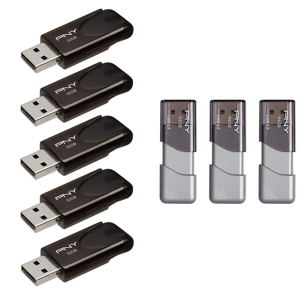 PNY 32GB Attaché 4 USB 2.0 Flash Drive 5-Pack,Black & 64GB Turbo Attaché 3 USB 3.0 Flash Drive 3-Pack