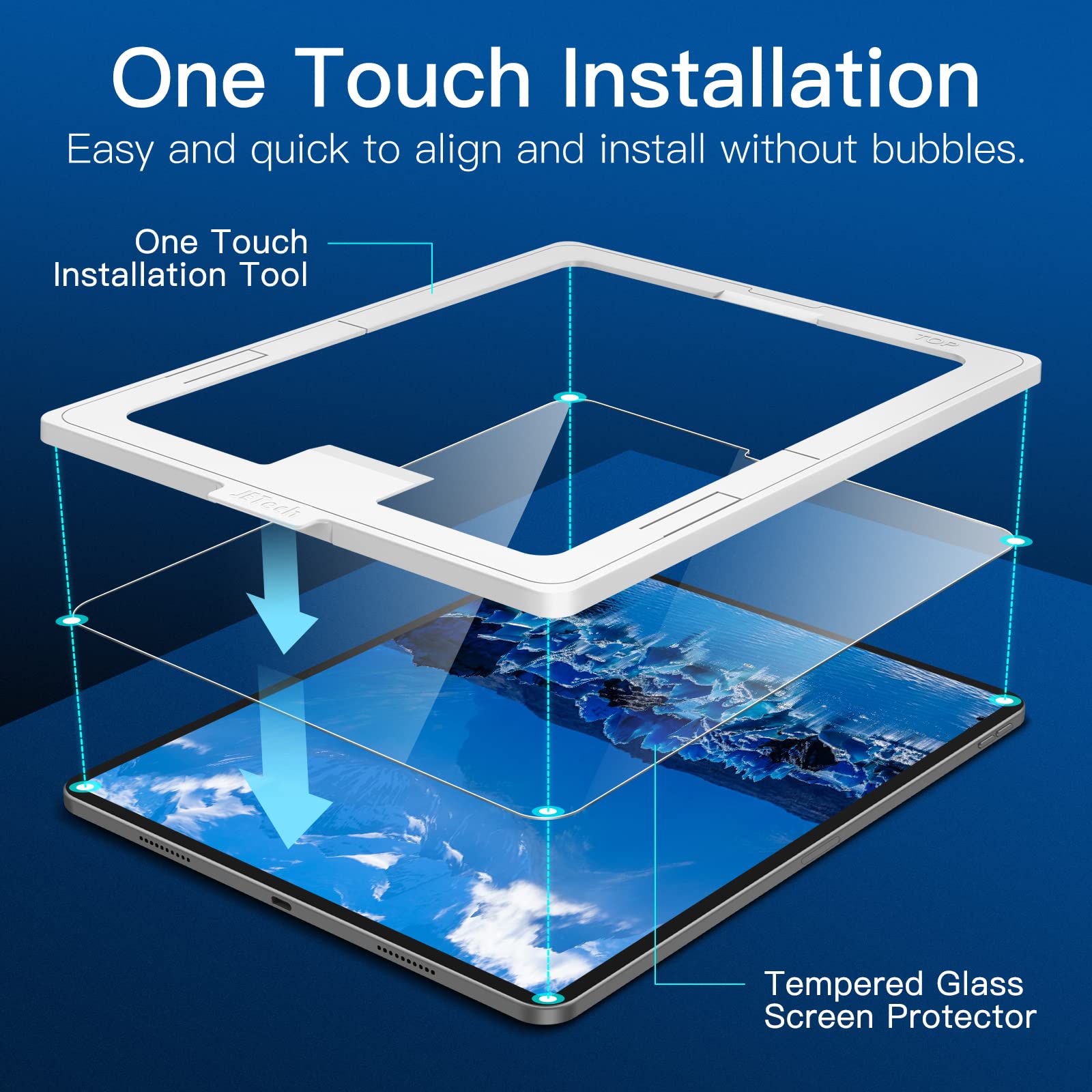 JETech One Touch Screen Protector for iPad Pro 12.9-Inch (2022/2021/2020/2018 Model, 6th/5th/4th/3rd Generation), Tempered Glass Film with Auto-Alignment Frame, HD Clear