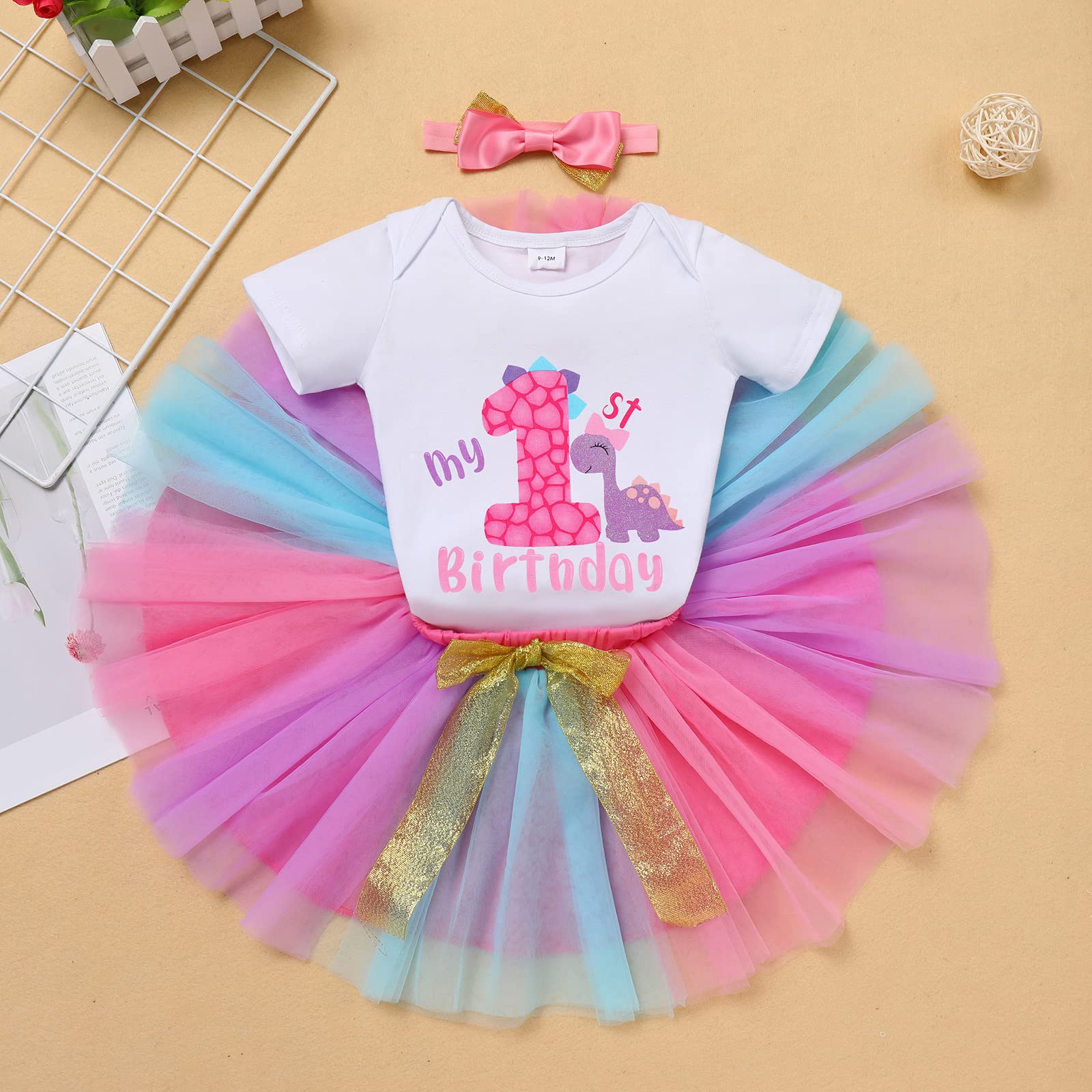 Pink Dinosaur Party Supplies 1ST Birthday Boho Rainbow Tutu Outfit for Baby Girl Wild One Year Old Party Cake Smash Photo Shooting Props Spring Easter Dress Headband Clothes Set Rose Gold 12 Months