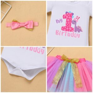 Pink Dinosaur Party Supplies 1ST Birthday Boho Rainbow Tutu Outfit for Baby Girl Wild One Year Old Party Cake Smash Photo Shooting Props Spring Easter Dress Headband Clothes Set Rose Gold 12 Months