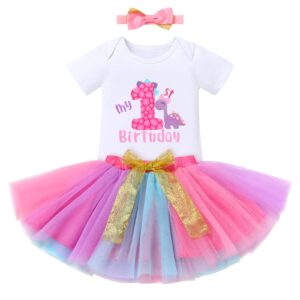 pink dinosaur party supplies 1st birthday boho rainbow tutu outfit for baby girl wild one year old party cake smash photo shooting props spring easter dress headband clothes set rose gold 12 months